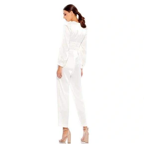 Ieena for Mac Duggal Long Sleeve Ruched‎ Plunging Neck Satin Jumpsuit
